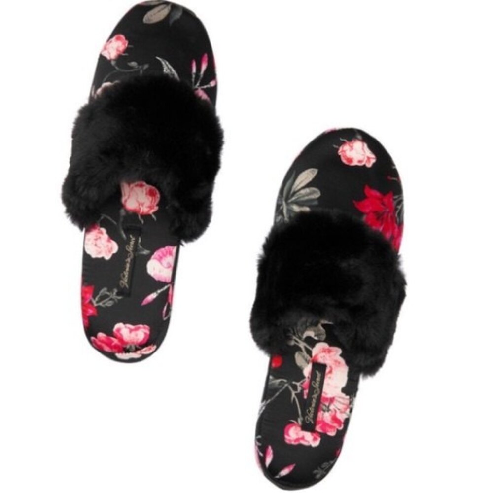 Victoria's Secret Signature Satin Slipper Black Holiday Floral Large (9-10)